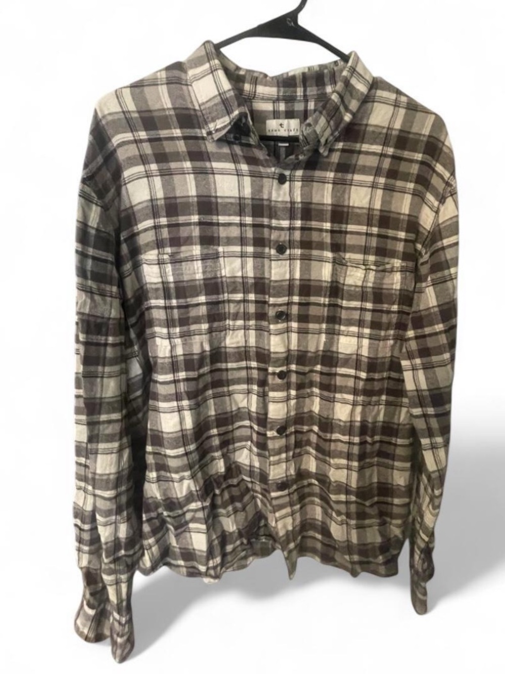 True Craft Men's Plaid Button-Down Shirt in Brown and Cream